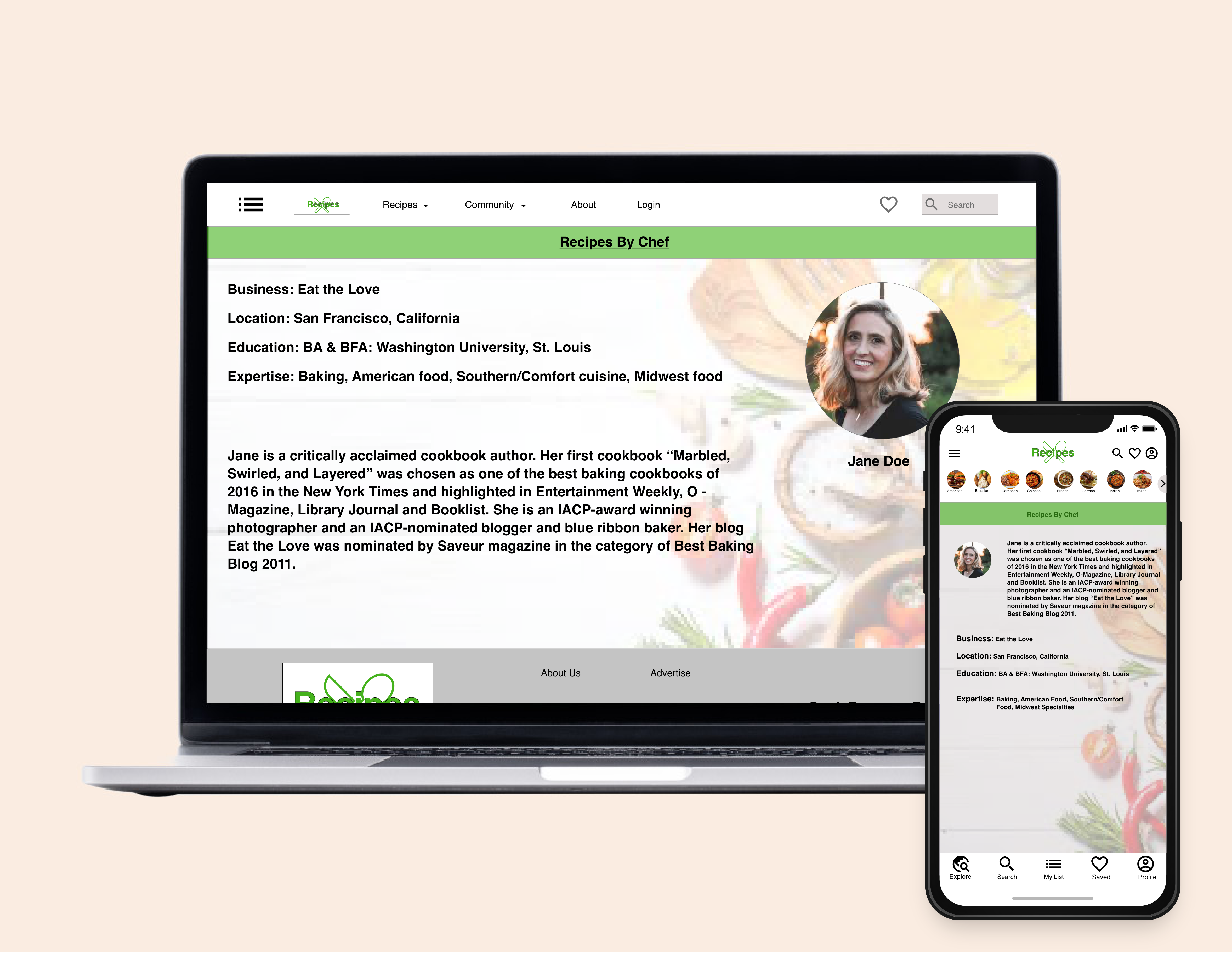 Recipe site chef profile displayed on desktop and mobile