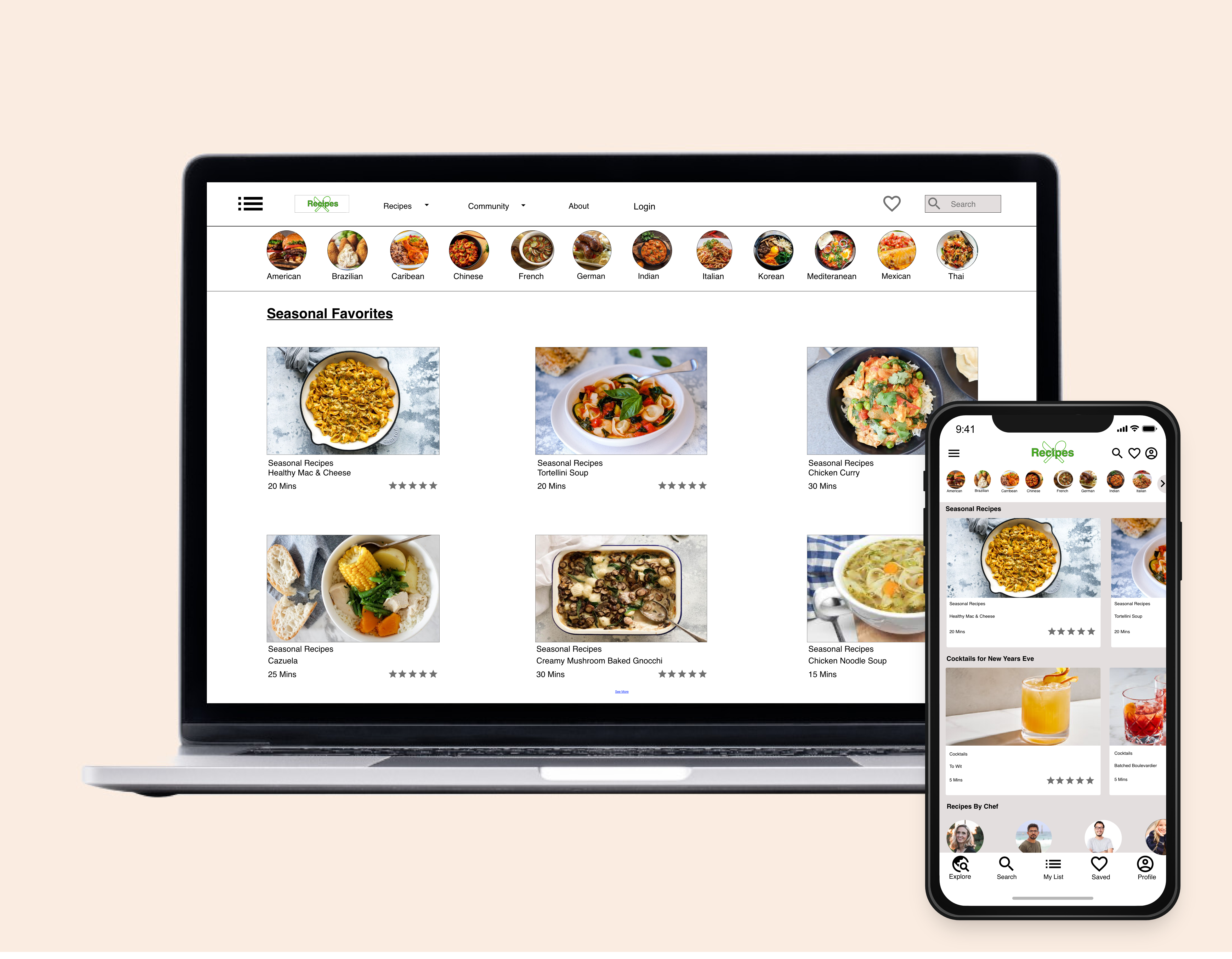Recipe site home page displayed on desktop and mobile