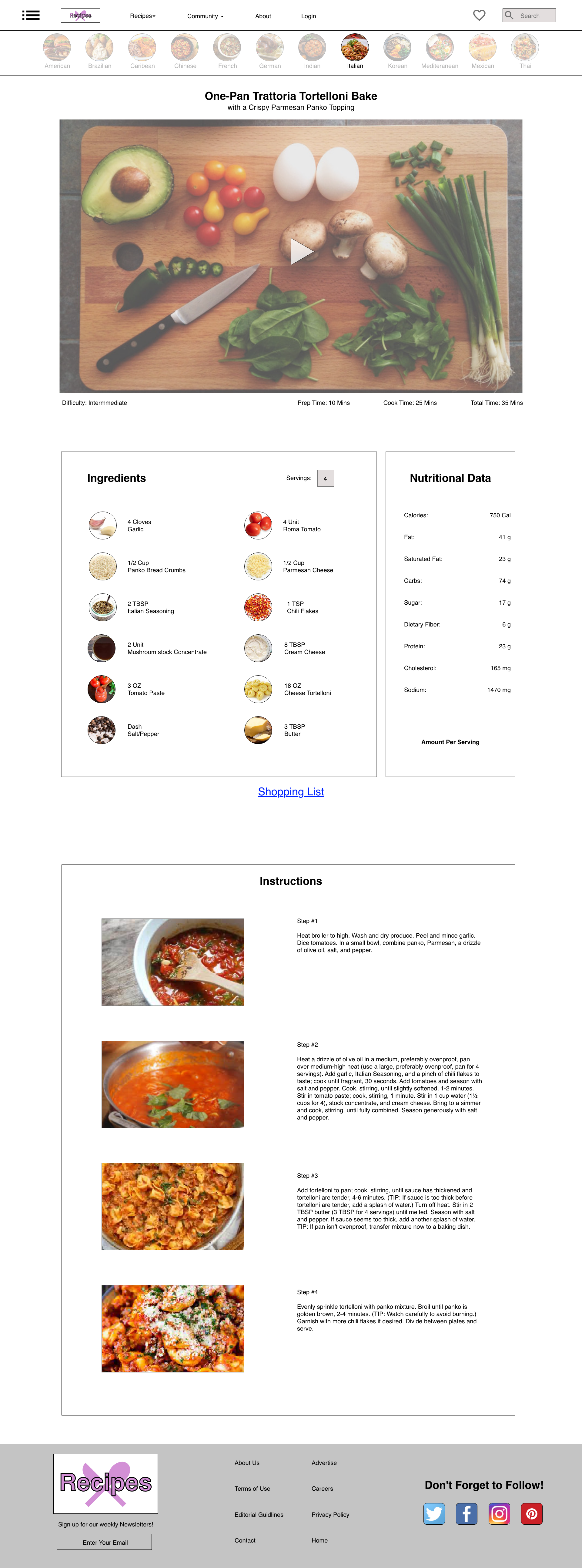 Recipe tutorial detail screen with step-by-step cooking instructions