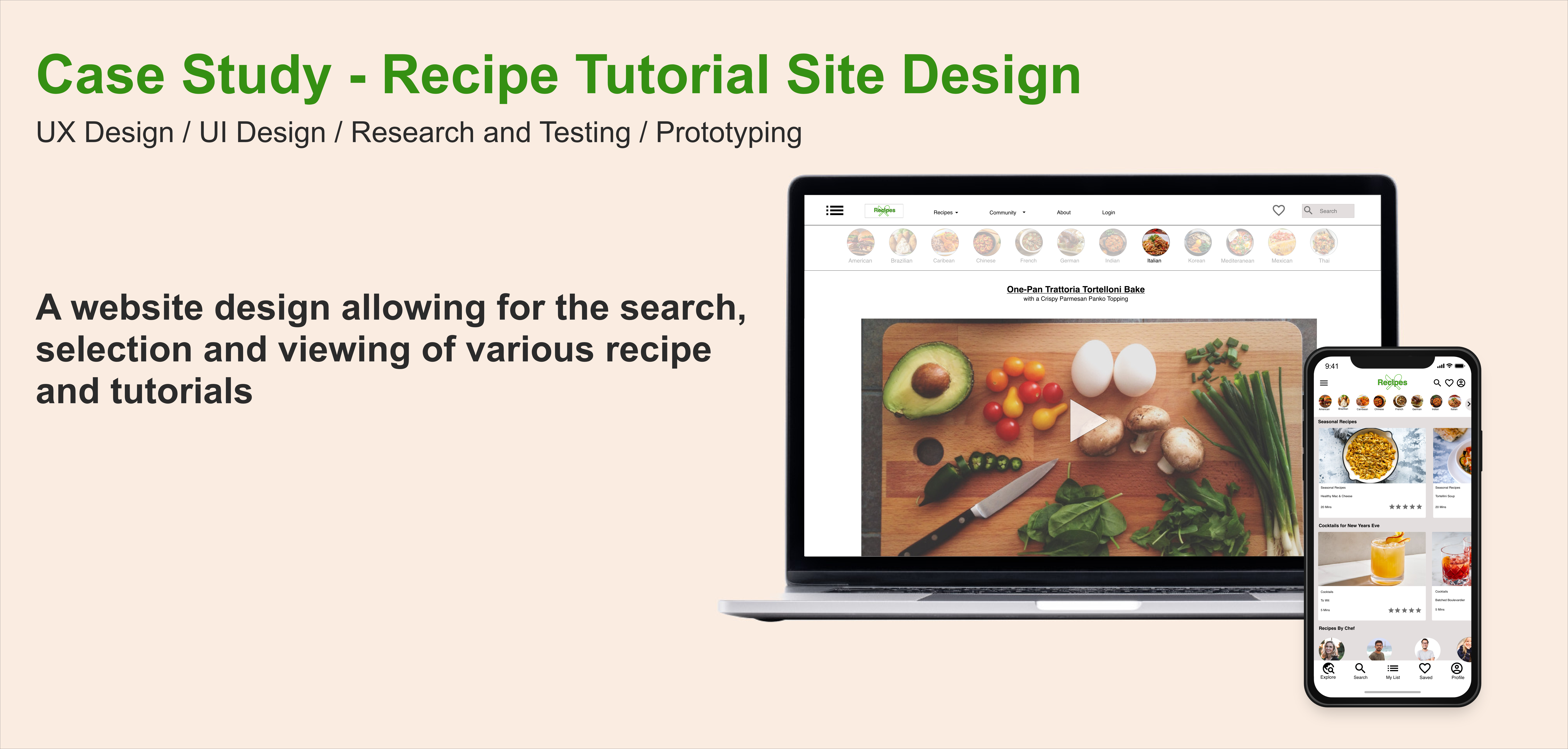 Recipe tutorial site design shown across desktop and mobile screens