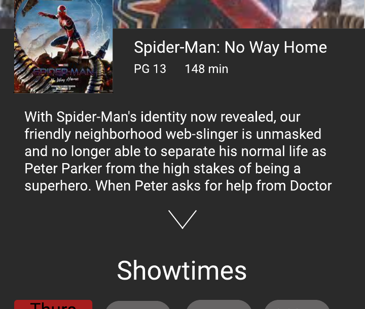 Movie detail component with a summary and showtimes