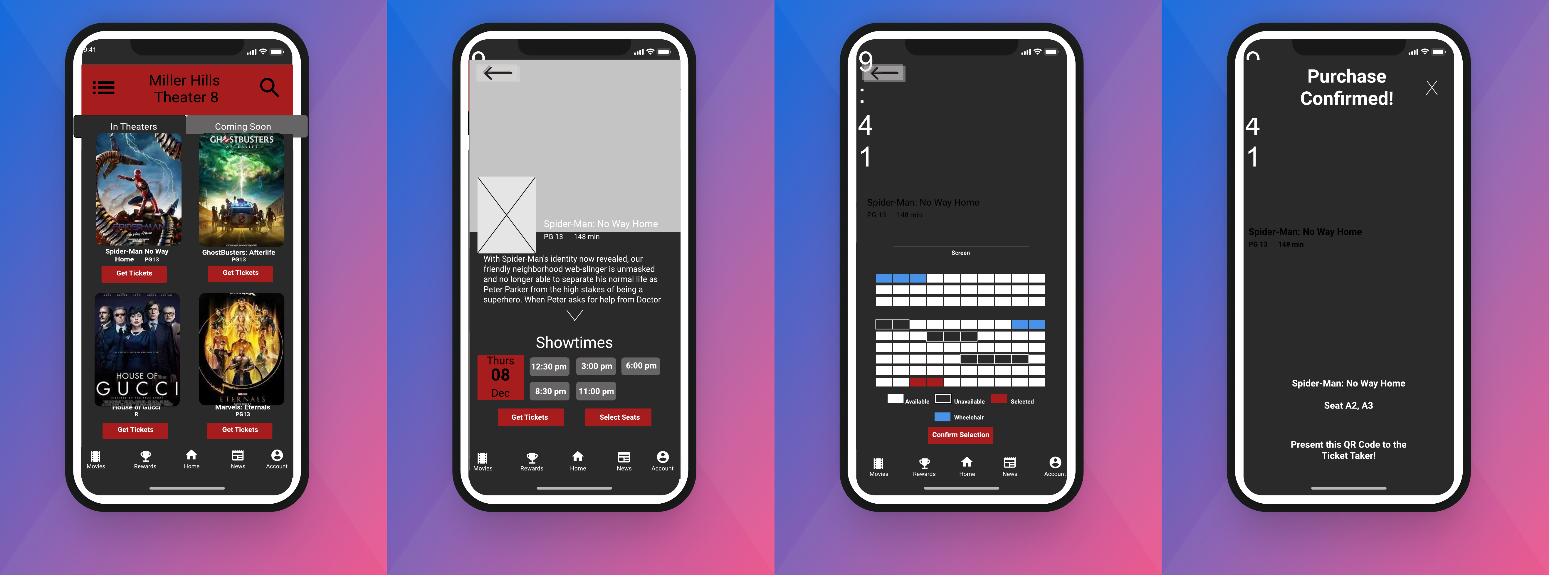 Miller Hills Theater app screens showing browsing, movie details, seats, and ticket confirmation
