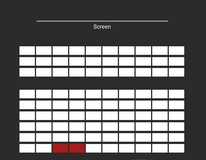 Cinema seat map with selected seats highlighted in red