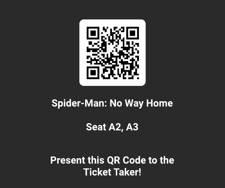 Digital movie ticket component with QR code, title, and seat numbers